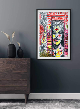 Framed "No Entry - Street Art Plakat" on a dark wall above a wooden dresser with minimalist decor.