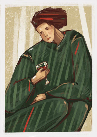 Abstract art of a person in green clothing holding a glass of wine, featured on the Sipping Wine Plakat product page.