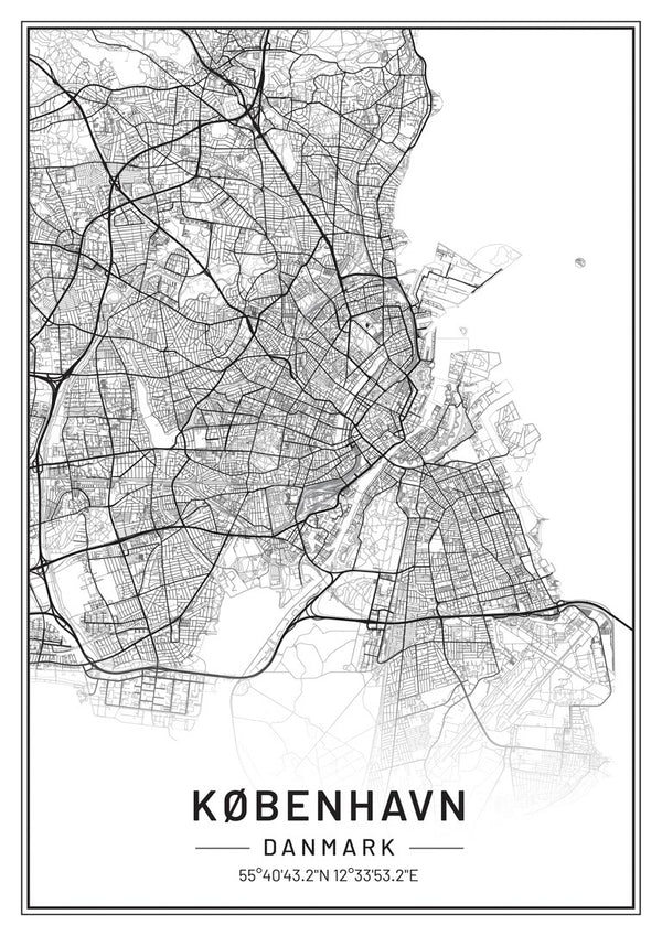 Black and white city map poster of Copenhagen, titled "KØBENHAVN DANMARK" with coordinates at the bottom.