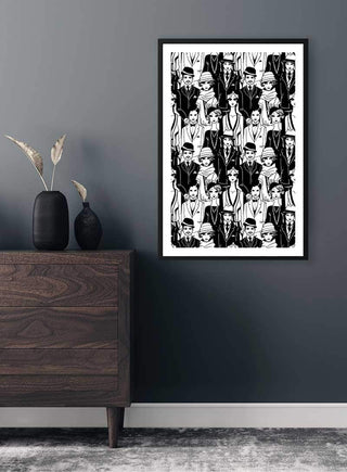 Black and white Old School People Plakat poster featuring vintage-style illustrated figures, framed on a modern wall.
