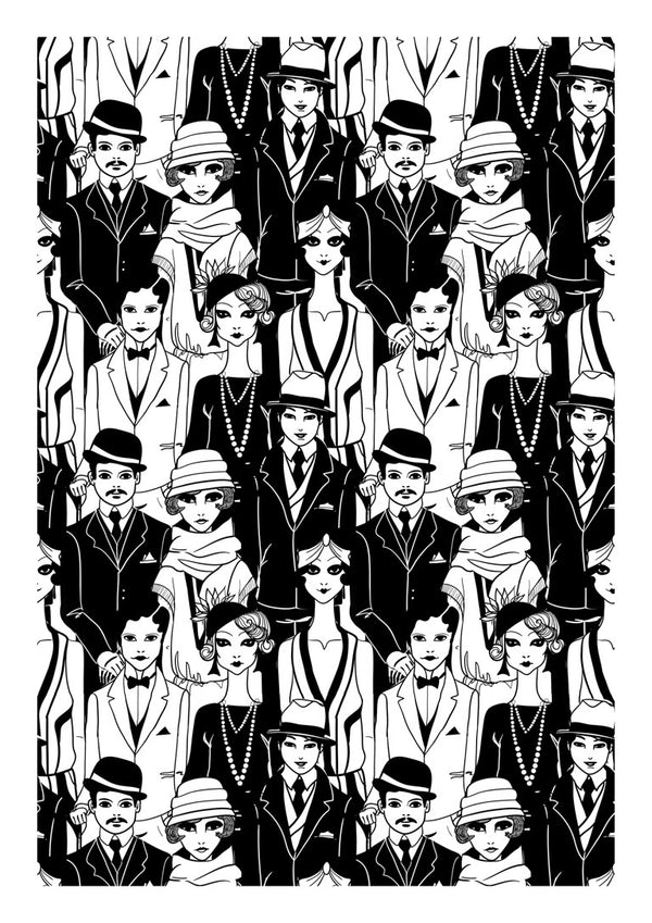 Black and white illustration of vintage-dressed men and women, featured on the Old School People Plakat product page.