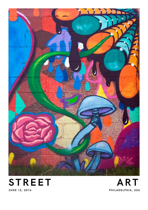 Colorful Philadelphia street mural featuring mushrooms, a pink rose, and abstract vibrant shapes on a brick wall.