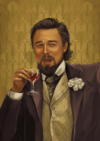 Illustration of a stylish man in vintage attire holding a drink, featured on the Leonardo Candy Unchained Plakat.