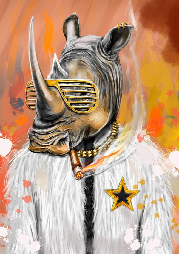 Stylized rhino wearing gold glasses, white fur coat, chain necklace, star badge, and smoking a cigar.