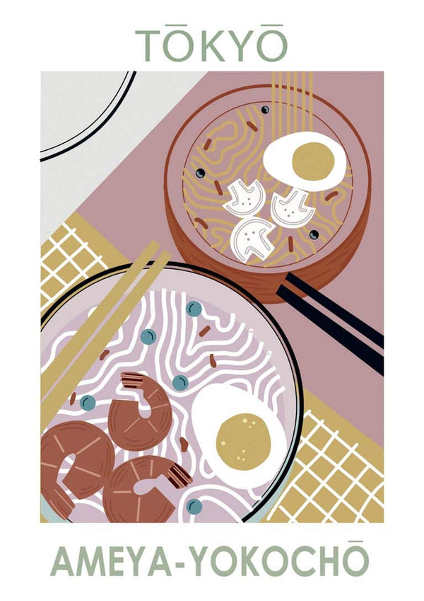 Stylized illustration of two ramen bowls with toppings, captioned "Tokyo Ameya-Yokocho" in graphic design style.