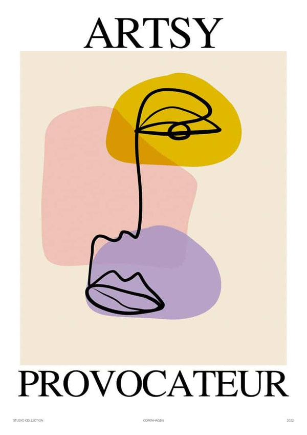Abstract line art face with colorful shapes, titled "Artsy Provocateur no. 01 Plakat" on a product page.