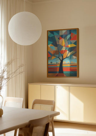 Feeling Offline by Tara Green artwork featuring a geometric tree, displayed in a modern dining room setting.