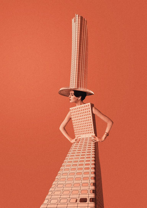 Surreal artwork of a woman in a cityscape-inspired dress and hat, featured on City girl - Maarten Léon's product page.