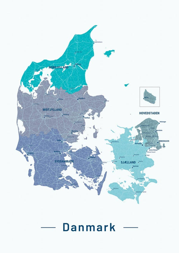 Blue Denmark map poster showing regions and major cities, labeled "Danmark" at the bottom.
