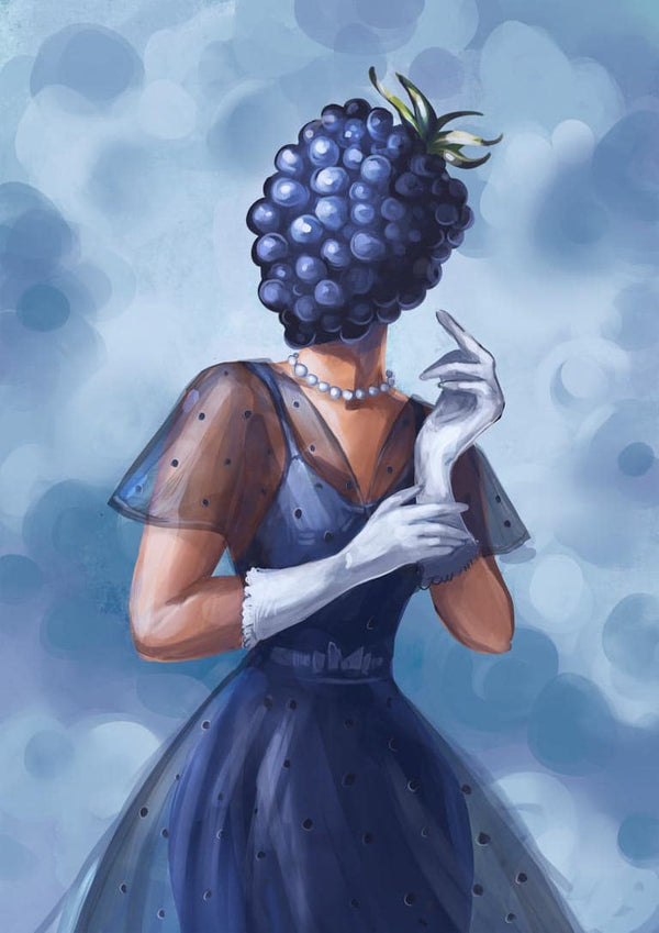 Elegant woman in a sheer navy dress and gloves with a blackberry-inspired headpiece, embodying Blackberry Fashion style.