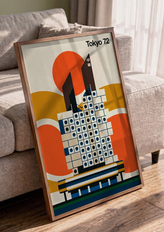Tokyo 72 by Bo Lundberg in a walnut frame leaning against a grey sofa