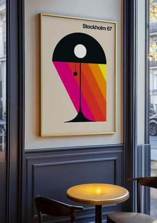 Stockholm 67 by Bo Lundberg in an oak frame on a panelled café wall