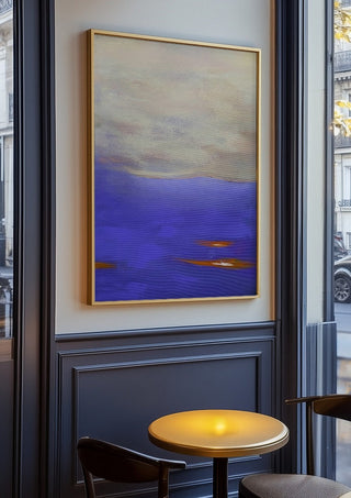 Violet Sea by Marina Agre in an oak frame on a panelled café wall