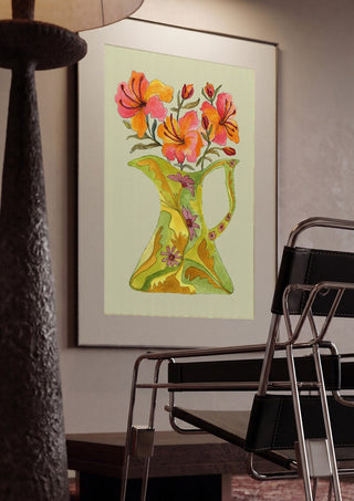 Hibiscus by Marjorie Salvagni framed in a dim room beside a tubular steel chair
