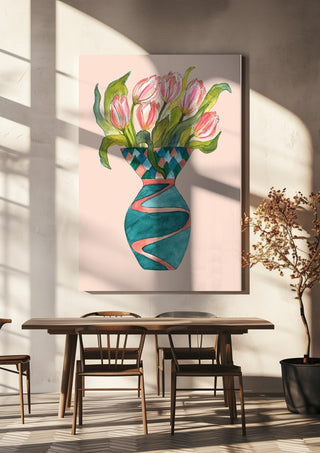 Baby tulips by Marjorie Salvagni hanging above a wooden dining table in warm sunlight