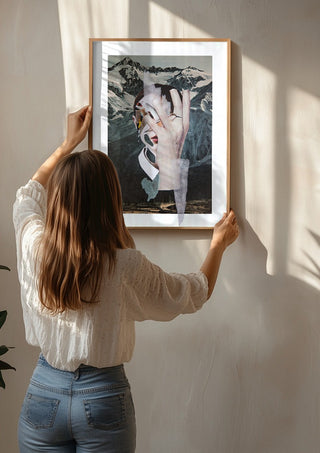 Birdie by Rocio Montoya being hung on a sunlit wall