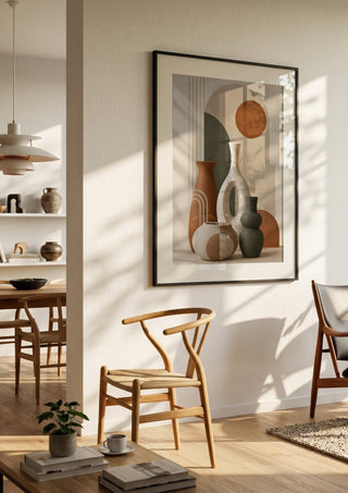 Bohemian Ceramic Vases – Terracotta & Geometric Harmony by TimlessArtworks in a black frame in a bright dining room with wooden chairs