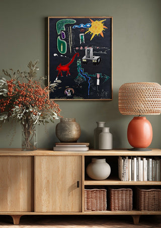 A Day In A Life by Art Guveau above a wooden sideboard on a sage green wall