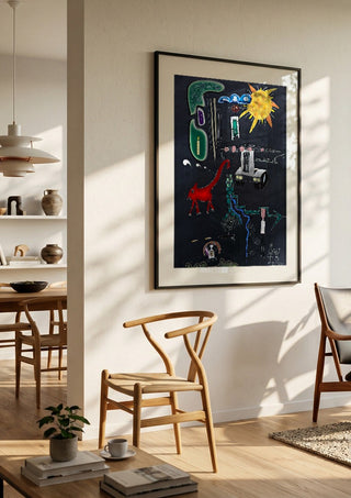 A Day In A Life by Art Guveau in a black frame in a bright dining room with wooden chairs