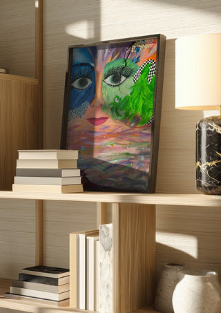 Face Above Pastel Waters by Camilla Sabrina in a dark frame on a wooden shelf beside books and a lamp