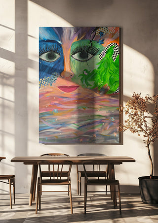 Face Above Pastel Waters by Camilla Sabrina hanging above a wooden dining table in warm sunlight