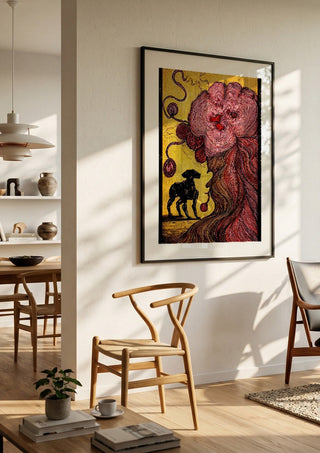 End Of Illusion by Tt2art in a black frame in a bright dining room with wooden chairs