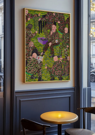One way to stop hiccups is to poke the back of your throat with a cotton swab by Daukantė in an oak frame on a panelled café wall