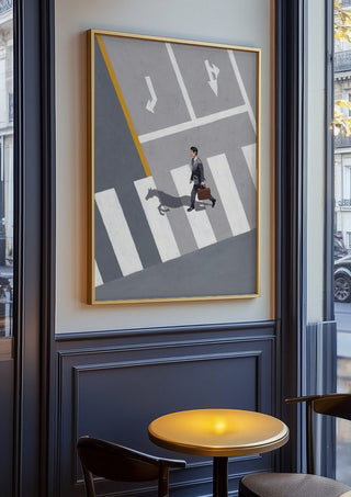 Dark horse by Jaron Su in an oak frame on a panelled café wall