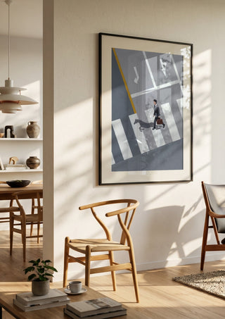 Dark horse by Jaron Su in a black frame in a bright dining room with wooden chairs