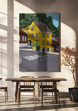 Low sun forever by Jaron Su hanging above a wooden dining table in warm sunlight