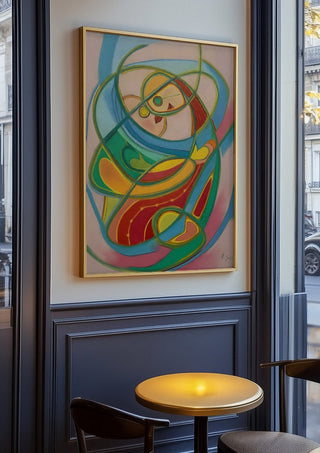 Embrace by Gerard Ceulemans in an oak frame on a panelled café wall