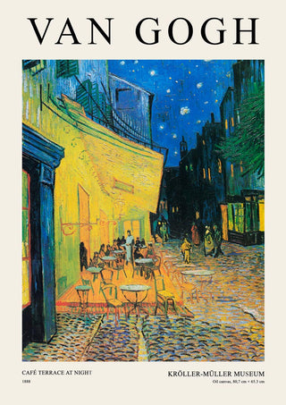 Van Gogh’s “Café Terrace at Night” print showing a vibrant night café scene under a starry blue sky.