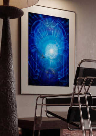 Scorpio zodiac sign by Walter Zettl framed in a dim room beside a tubular steel chair