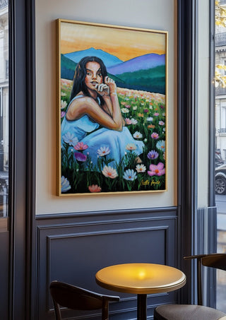 Where Wildflowers Dream by Nella Hajdu in an oak frame on a panelled café wall