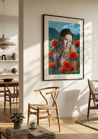 A Moment of Stillness by Nella Hajdu in a black frame in a bright dining room with wooden chairs
