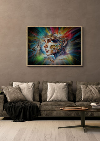 Cosmic Visions 3 by Walter Zettl in a light wood frame above a grey sofa with cushions