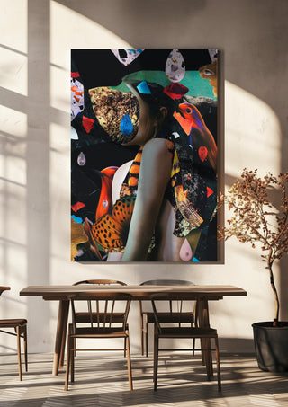 When the door slammed shut by Rocio Montoya hanging above a wooden dining table in warm sunlight