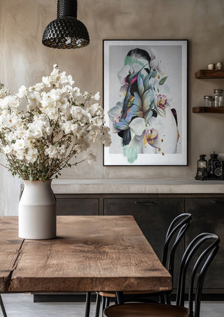 Blue Nostalgia by Rocio Montoya in a black frame above a rustic table with white flowers