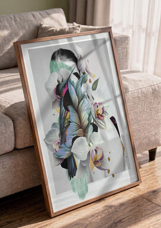 Blue Nostalgia by Rocio Montoya in a walnut frame leaning against a grey sofa