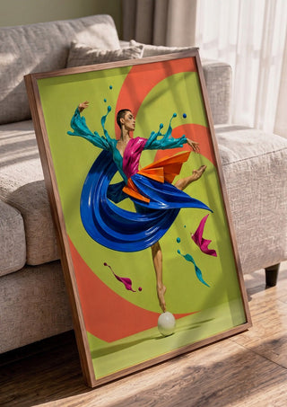 Liquid Choreography by Haris Delic in a walnut frame leaning against a grey sofa