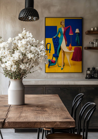 The Room That Wore Her by Haris Delic in a black frame above a rustic table with white flowers