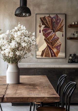 The Unfolding Archive by Haris Delic in a black frame above a rustic table with white flowers