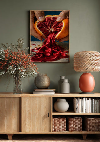 Unfolding Scarlet by Haris Delic above a wooden sideboard on a sage green wall