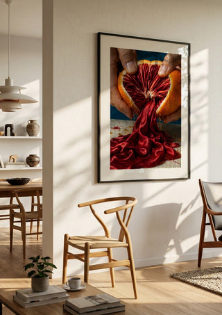 Unfolding Scarlet by Haris Delic in a black frame in a bright dining room with wooden chairs