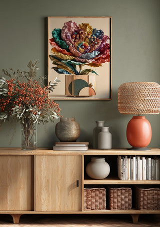 Paper Bloom by Haris Delic above a wooden sideboard on a sage green wall