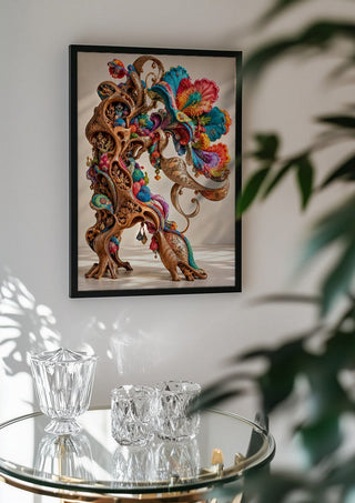 The Garden That Remembered by Haris Delic in a black frame above a glass table with crystal glassware