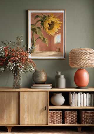 A Window for the Sun by Matthews Gallerie above a wooden sideboard on a sage green wall