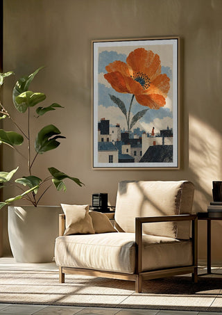 Blooming Above the Roofs by Matthews Gallerie framed above a beige armchair beside a potted plant