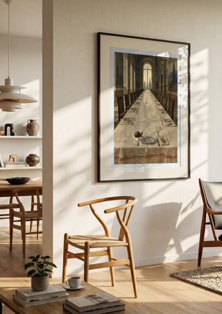 The Snail Arrives Early by Matthews Gallerie in a black frame in a bright dining room with wooden chairs