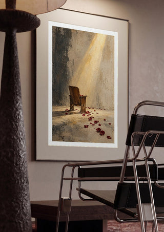 After the Applause by Matthews Gallerie framed in a dim room beside a tubular steel chair